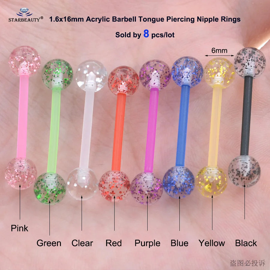 Starbeauty 8pcs/lot Soft Acrylic Barbell Sex Tongue Piercing Tongue Rings Flashing Powder Plastic Nipple Ring Ear Body Jewelry