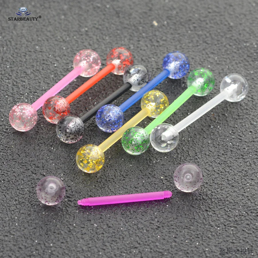 Starbeauty 8pcs/lot Soft Acrylic Barbell Sex Tongue Piercing Tongue Rings Flashing Powder Plastic Nipple Ring Ear Body Jewelry