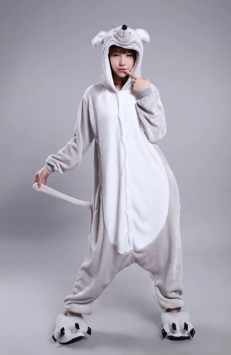 Adults Flannel Kigurumi Animal Costume Grey Rat Mice Womens or Men's Onesies Pajama for Halloween Carnival Party