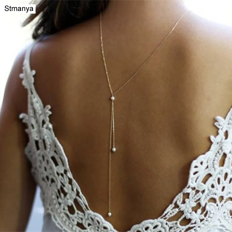 Dual Function Body jewelry Simple pearl necklace back chain For Wedding Fashion body jewerllery chains Women necklace  D1111