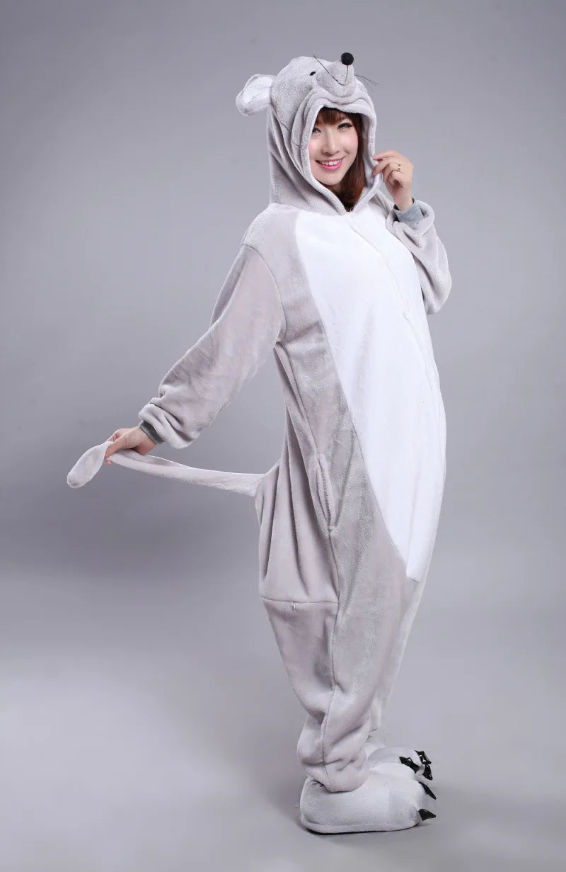 Adults Flannel Kigurumi Animal Costume Grey Rat Mice Womens or Men's Onesies Pajama for Halloween Carnival Party