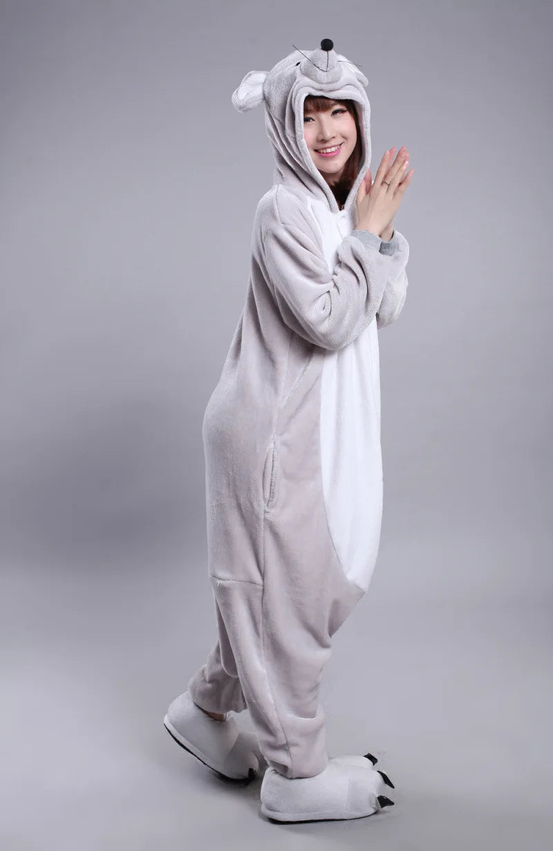 Adults Flannel Kigurumi Animal Costume Grey Rat Mice Womens or Men's Onesies Pajama for Halloween Carnival Party