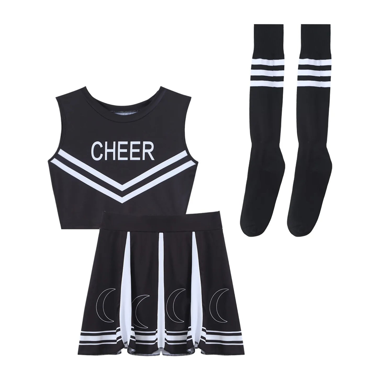 3Pcs Womens Cheer Leader Uniform Halloween Cosplay Cheerleading Costume Crop Top with Mini Pleated Skirt High Long Socks Sets