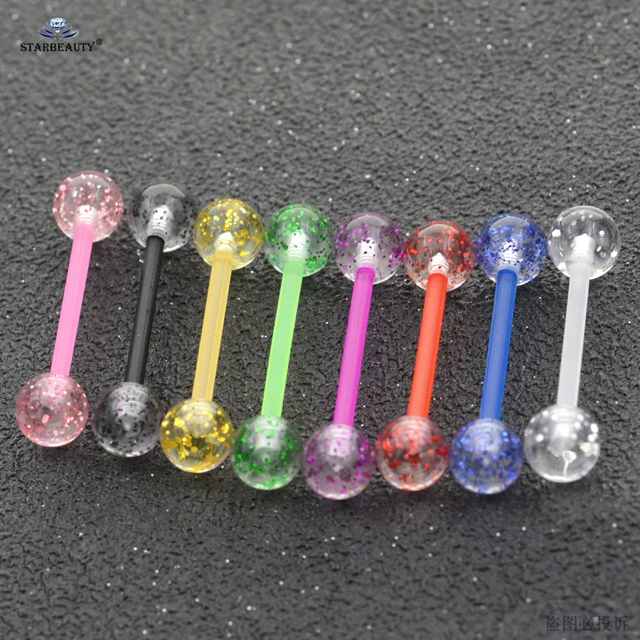 Starbeauty 8pcs/lot Soft Acrylic Barbell Sex Tongue Piercing Tongue Rings Flashing Powder Plastic Nipple Ring Ear Body Jewelry