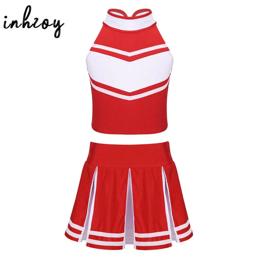 Kids Girls Cheerleading Uniform Tank Tops with Pleated Skirt Set Cheer Dance Stage Performance Costume Halloween Cosplay Outfits