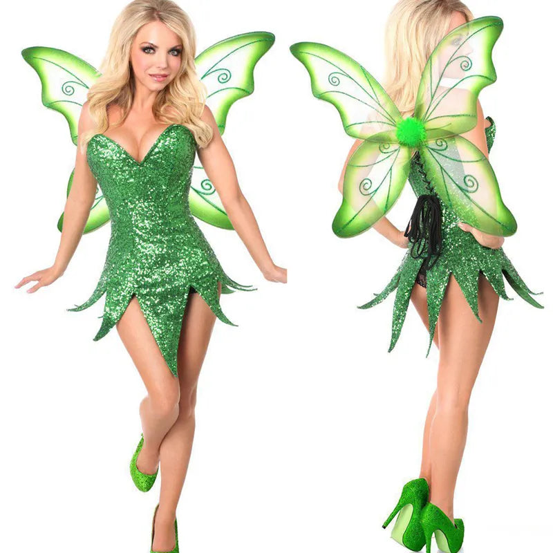 Women s 2 Piece Neon Fairy Tinkerbell Costume Fairy Mini Sparkly Dress with Butterfly Wings Halloween Cosplay Costumes