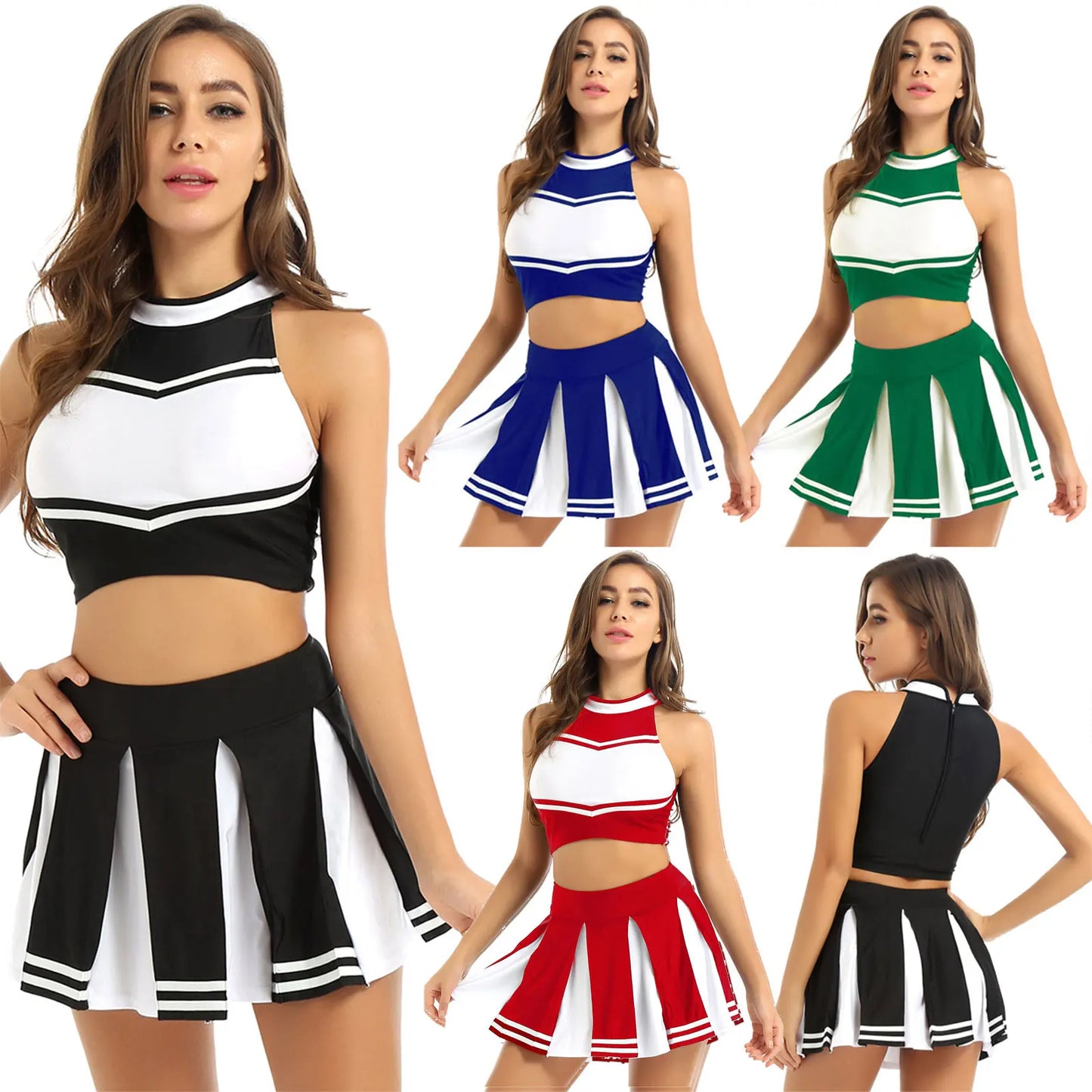 2Pcs Women Cheerleading Cosplay Performance Costume Uniform Outfit Cheer Leader Sleeveless Crop Top with Mini Pleated Skirt