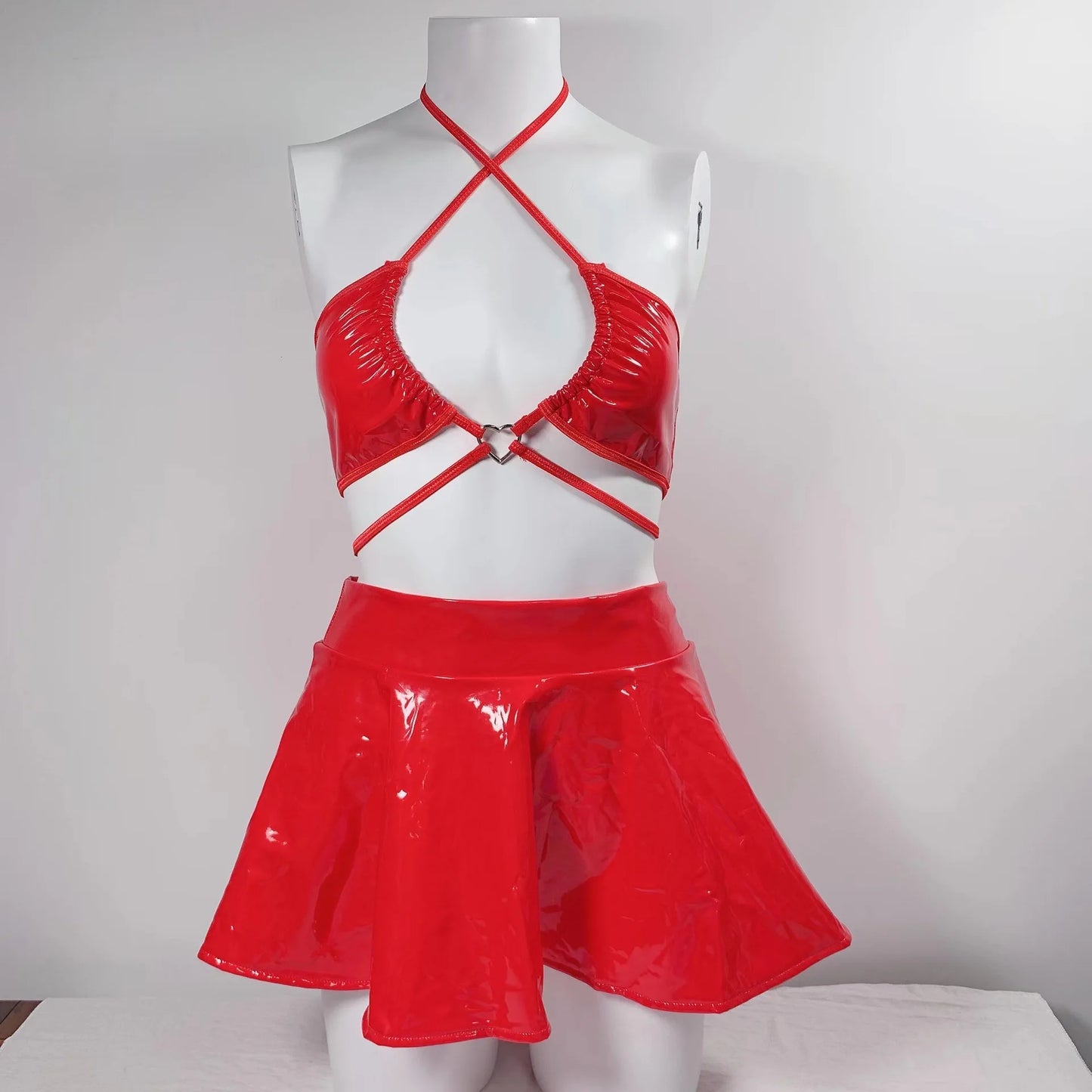 Ellolace Fetish Pvc Lingerie PU Leather Setup Ladies Skirt Underwear Red Set Woman 2 Pieces Cross Bra Sexy Outfits