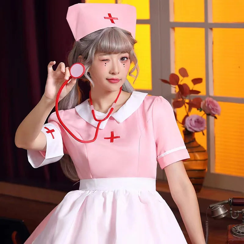 Pink Women Halloween Doctor Nurse Costumes Female Medical Workers Cosplay Carnival Purim Nightclub Bar Role Playing Party Dress