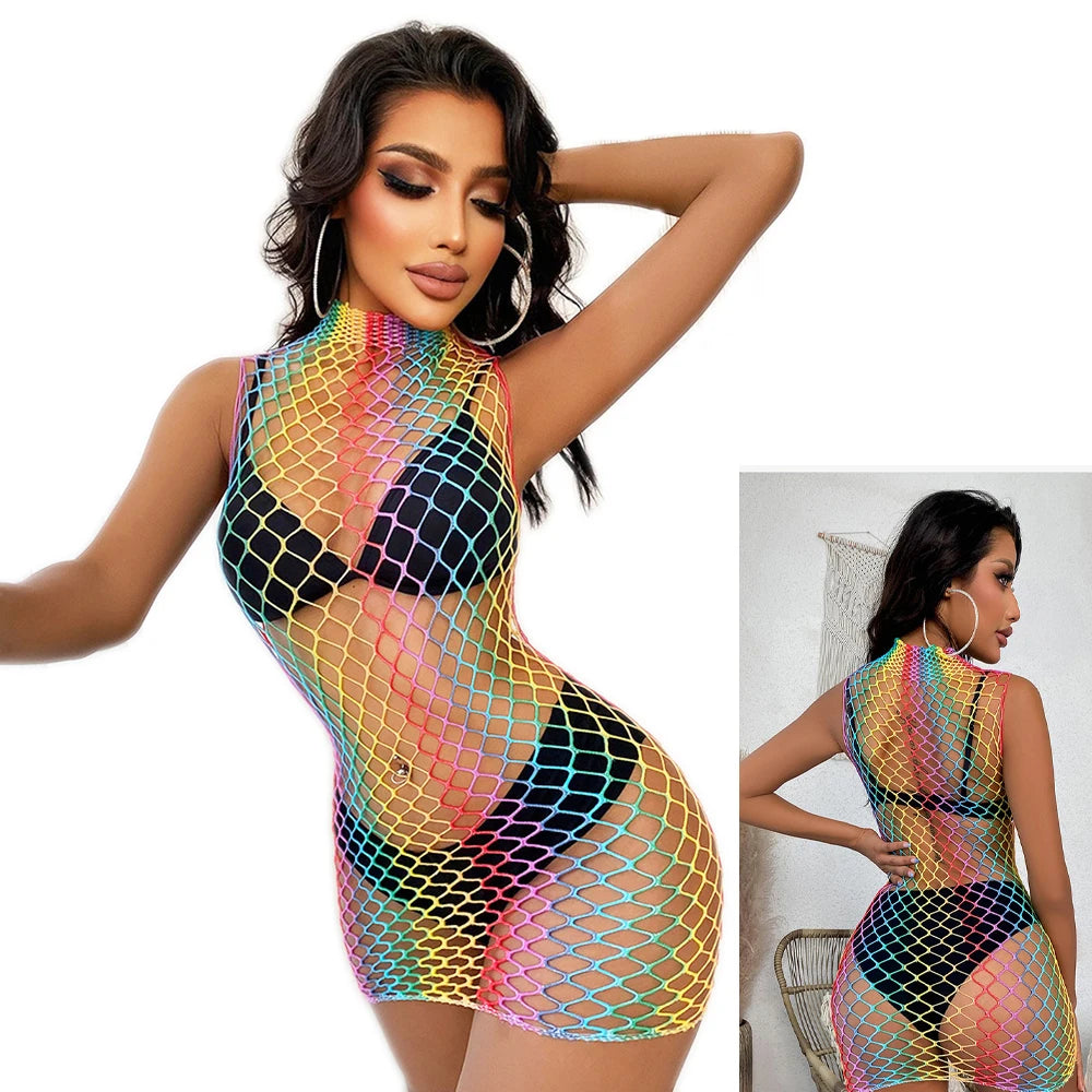 Plus Size Color Rainbow Dress Transparent Hollow Fishnet Erotic rainbow dress Lace Plunge Chemise Colorful  Fishing net skirt