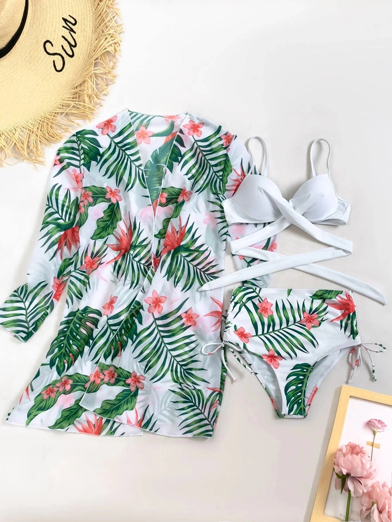 Floral Tropical Bikini 3pack Swimsuit With Kimono Women Three Piece Swimwear 2023 Bikini Set Summer Beach Bathing Suit