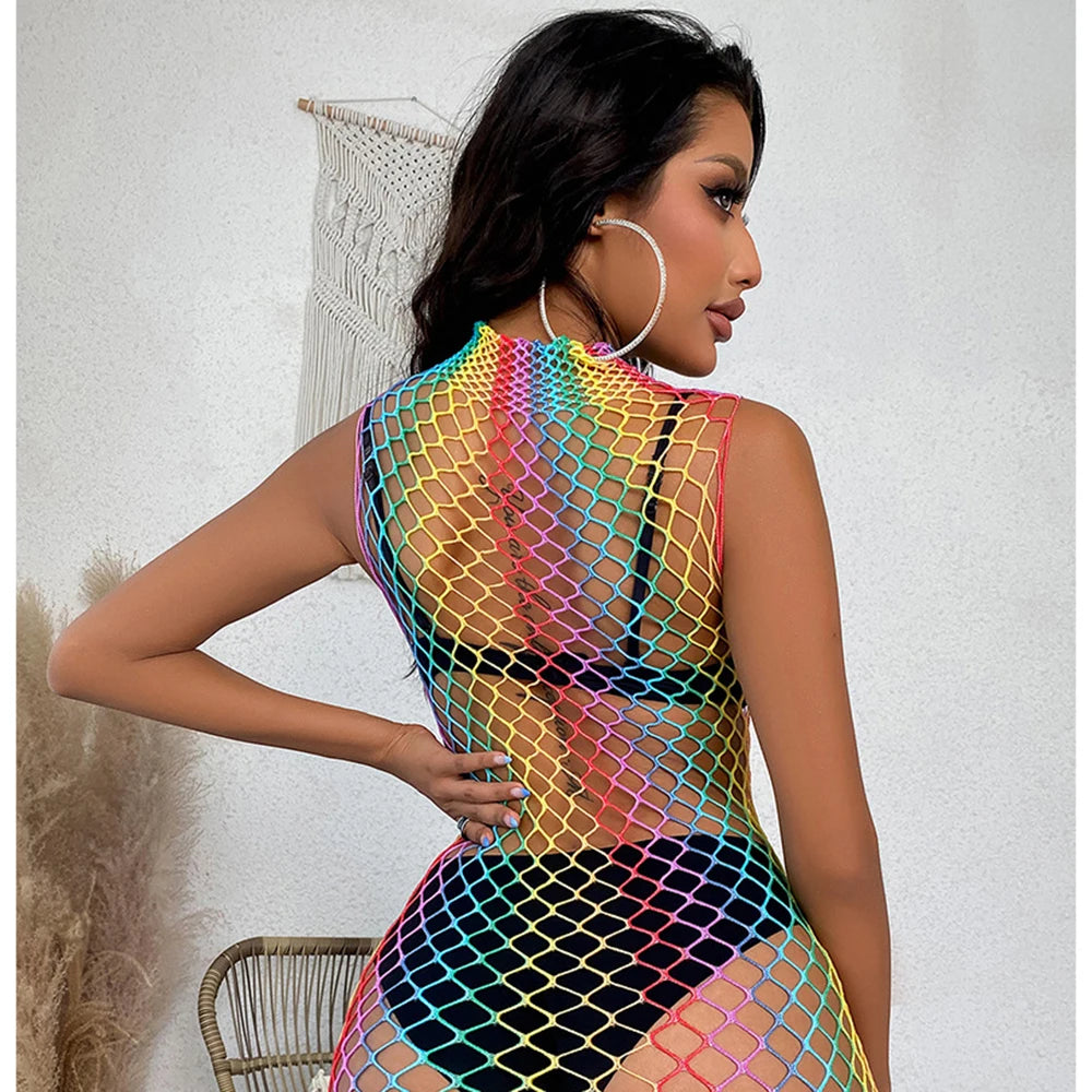 Plus Size Color Rainbow Dress Transparent Hollow Fishnet Erotic rainbow dress Lace Plunge Chemise Colorful  Fishing net skirt