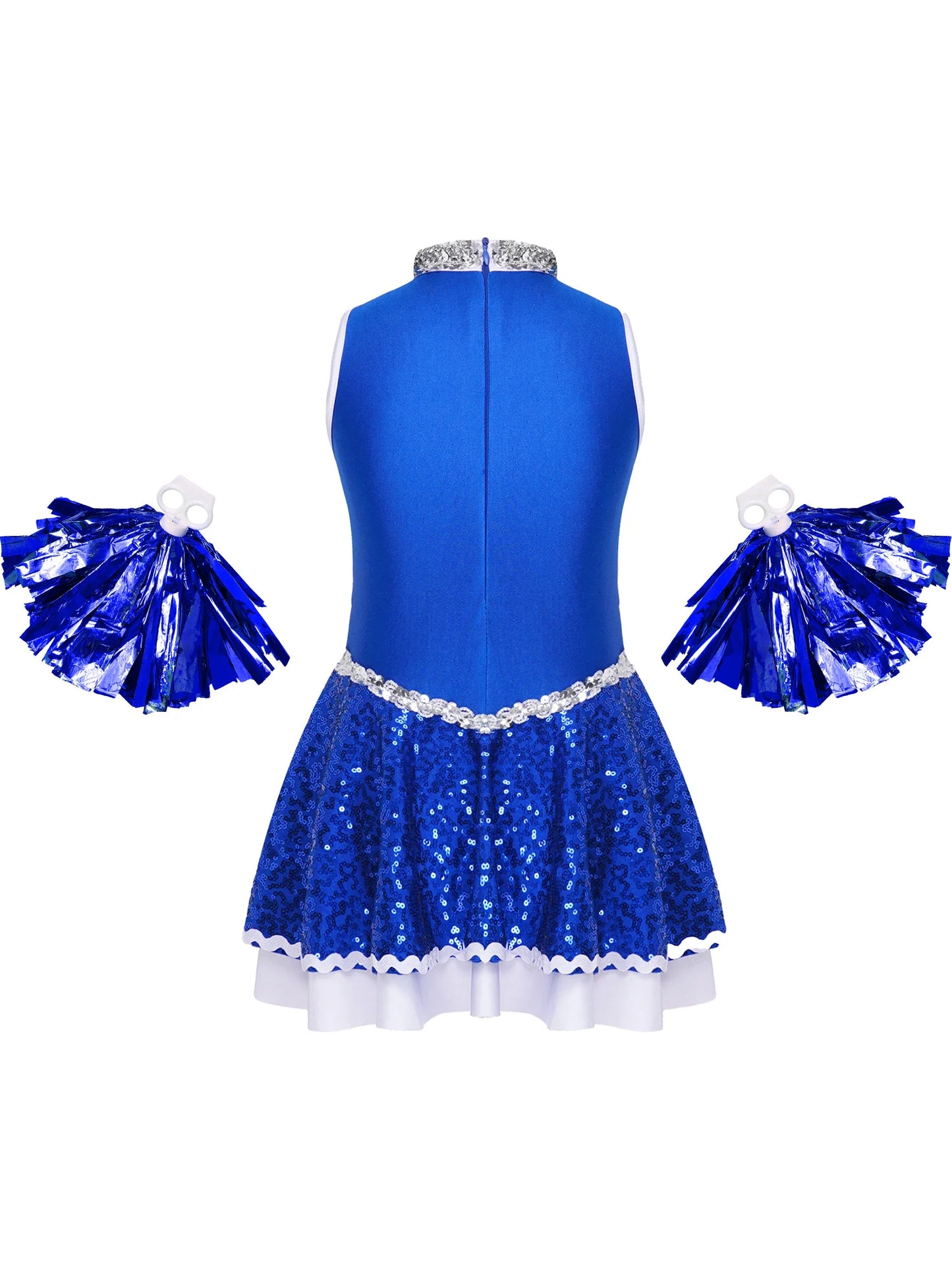 Kids Girls Sequins Dance Cheerleading Outfit Hip Hop Jazz Dance Performance Tutu Dress Leotard Halloween Cheer Leader Costume