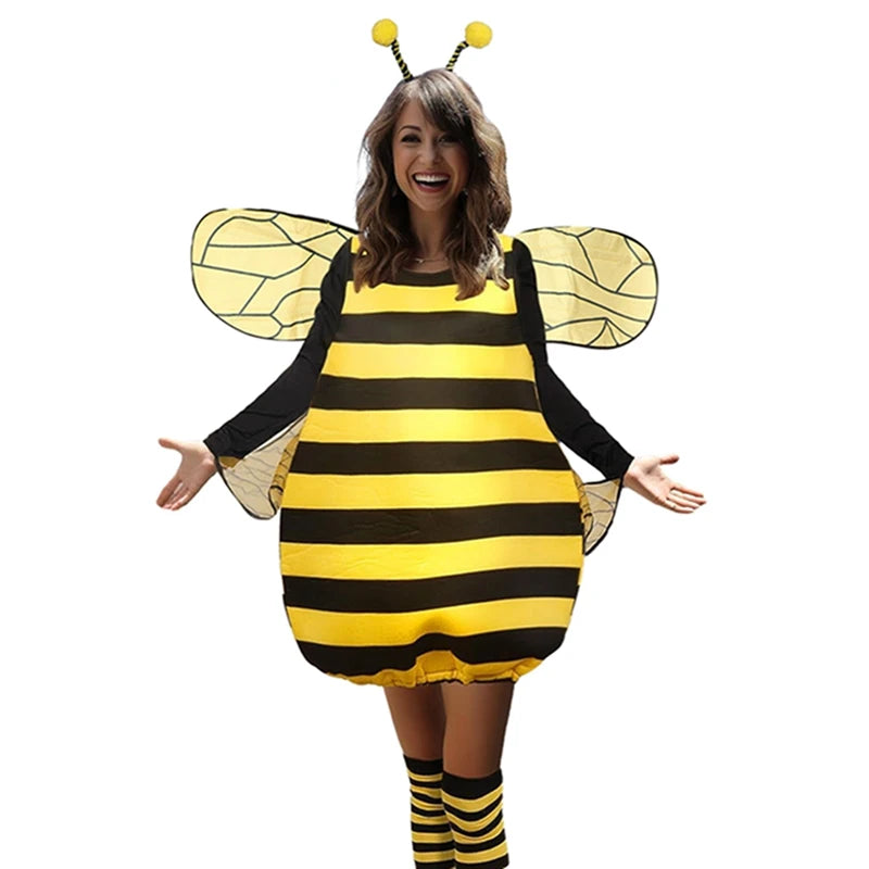 Striped Patchwork Bee Costume for Women Funny Animal Halloween Adult Costumes with Knee-high Socks and Hair Hoop Cosplay Outfit