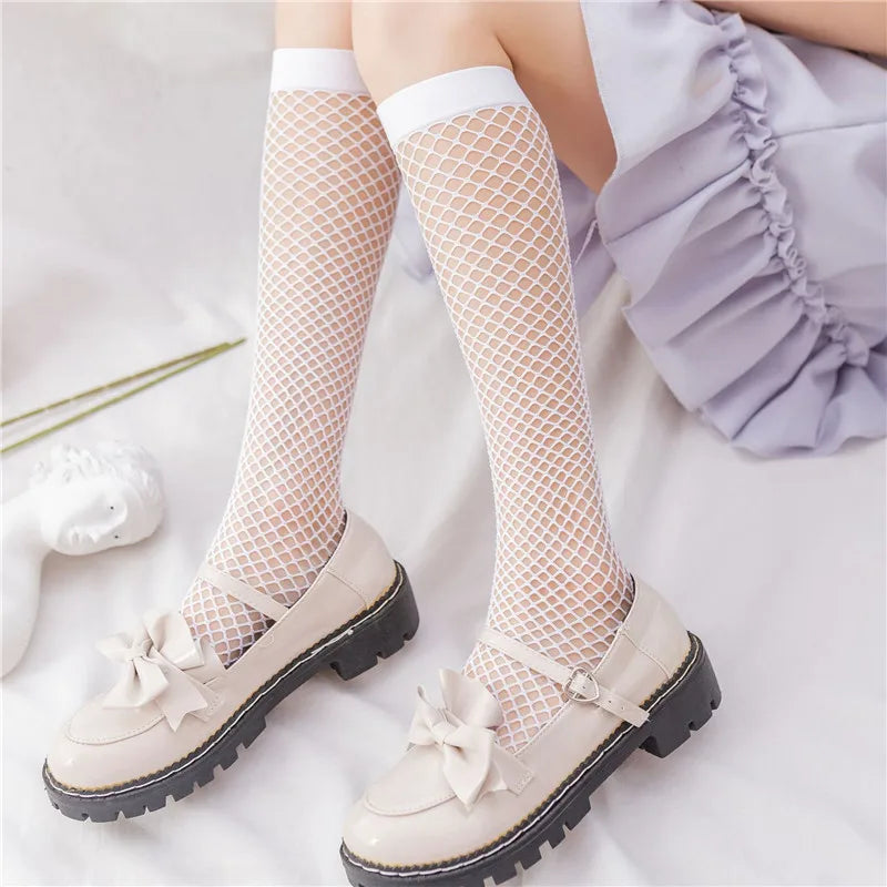 Mesh Fishnet Stockings Women JK Lolita Sweet Girls Black White Long Socks Japanese Style Hollow Out Mesh Knee Socks Stockings