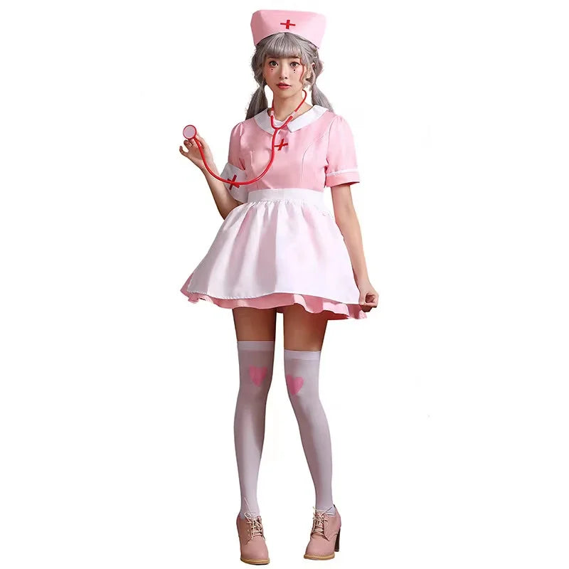 Pink Women Halloween Doctor Nurse Costumes Female Medical Workers Cosplay Carnival Purim Nightclub Bar Role Playing Party Dress