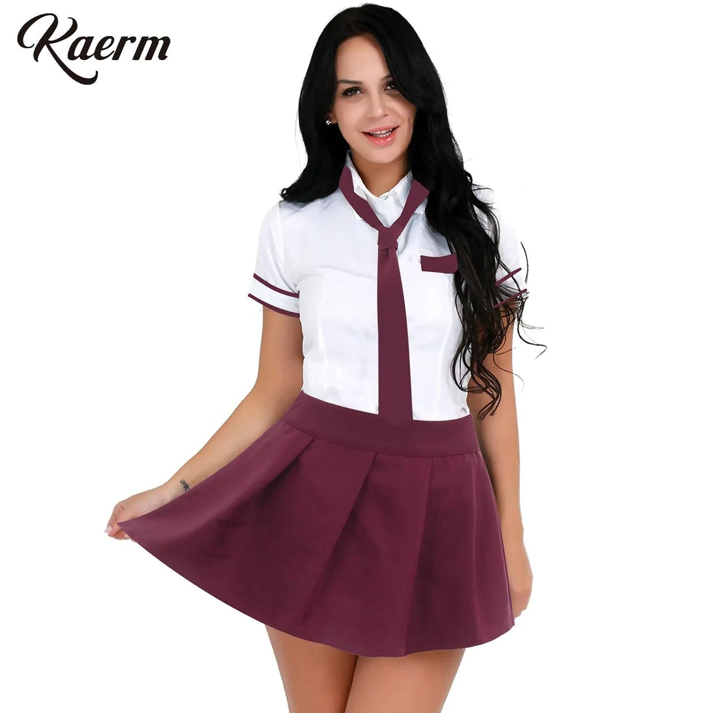 Women's Schoolgirls High School Uniform Short Sleeve Shirt with Plaid Skirt and Tie Anime Sexy Cosplay Costume Cheer Leader Sets