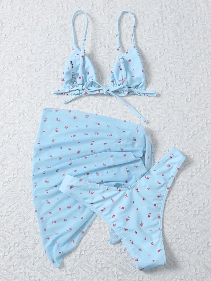 Three Pieces Blue Bikini Swimsuit with Cover Up Women Bikini Set Swimwear Summer Beach Bathing Suit