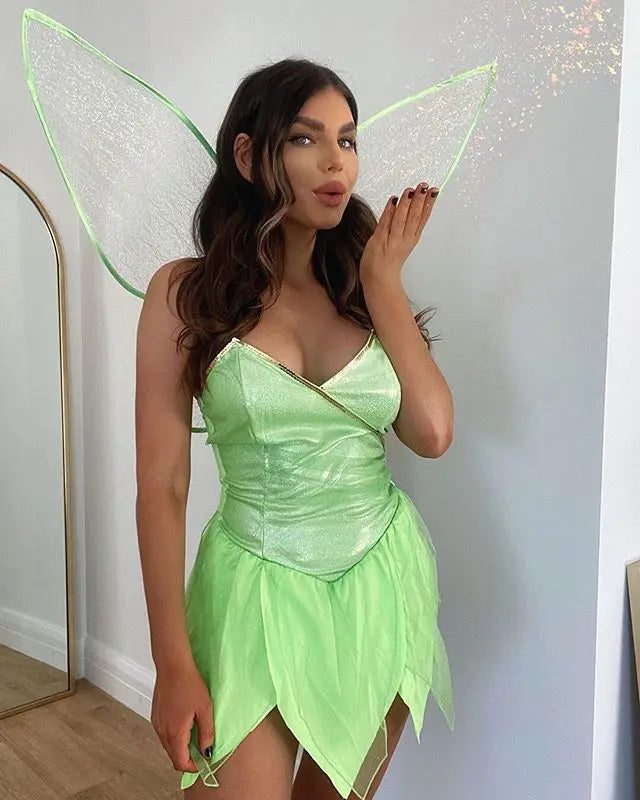 Ladies Halloween Forest Fairy Costume Sexy Solid Color V-neck Backless Sequin Tube Tops Irregular Ruffle Short Dress with Wings