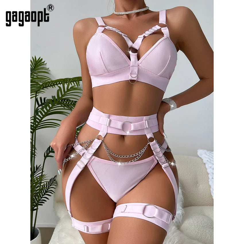 Gagaopt Gothic Fine Lingerie Seamless Bra 3-Piece Different Underwear Fetish Intimate Chain Garter Belt Set Luxury Outfits