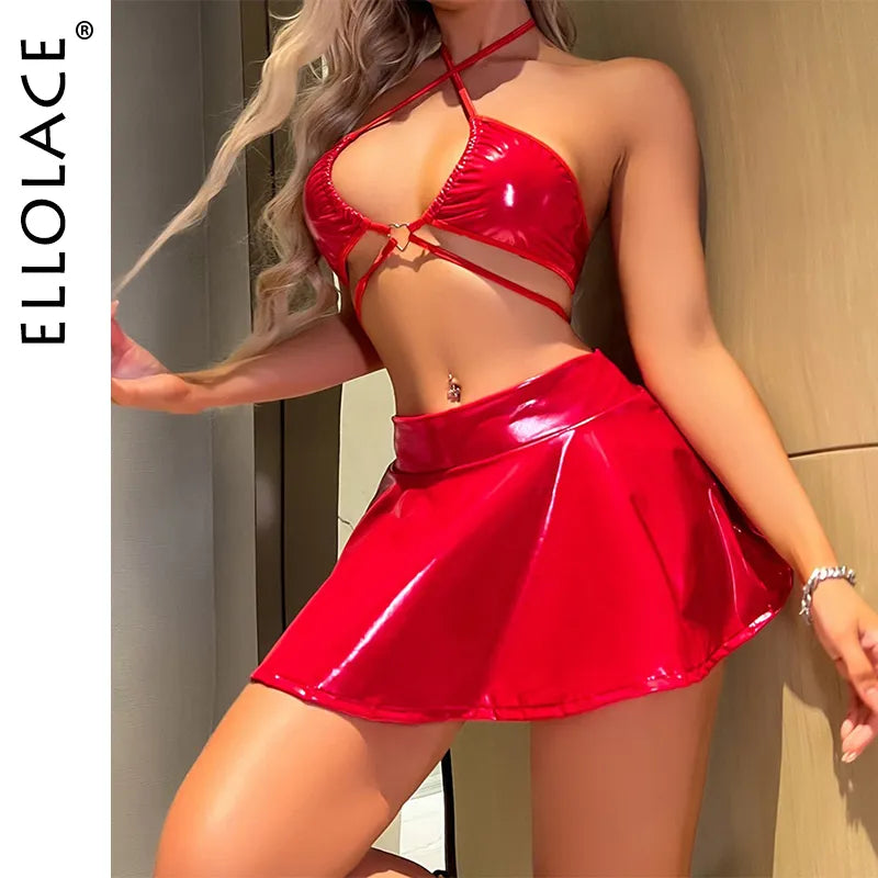 Ellolace Fetish Pvc Lingerie PU Leather Setup Ladies Skirt Underwear Red Set Woman 2 Pieces Cross Bra Sexy Outfits