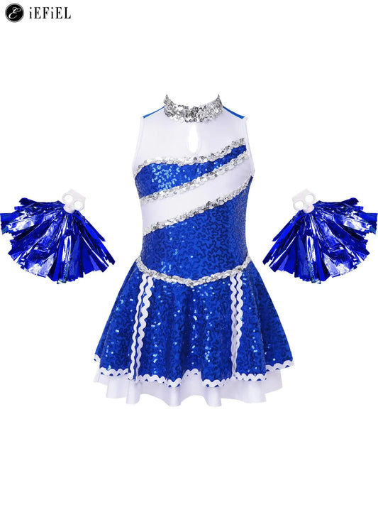 Kids Girls Sequins Dance Cheerleading Outfit Hip Hop Jazz Dance Performance Tutu Dress Leotard Halloween Cheer Leader Costume