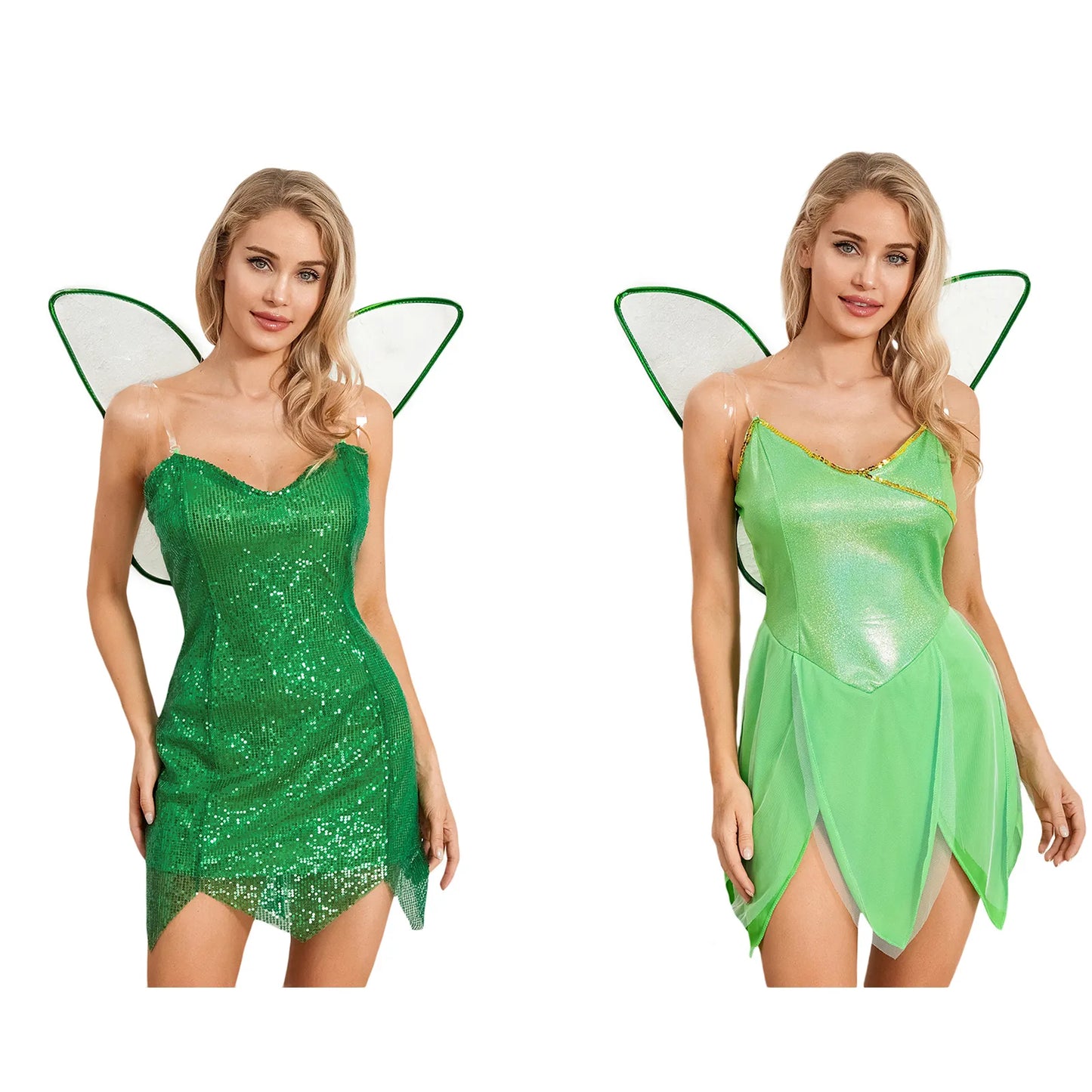 Ladies Halloween Forest Fairy Costume Sexy Solid Color V-neck Backless Sequin Tube Tops Irregular Ruffle Short Dress with Wings