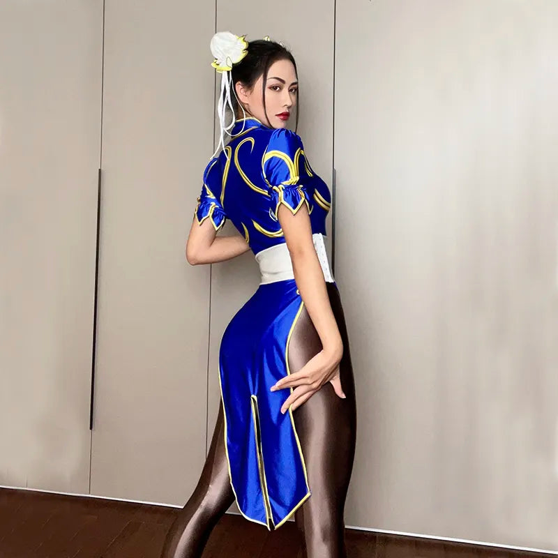 4pcs set Shiny Glossy Satin One-piece Body Suit Japanese Anime Street Fighter Cosplay Chunli Skirt Sexy Costume Roleplay