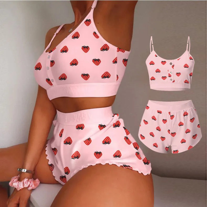 2 Pieces Set Women's Pajama Shorts Suit Multiple Print Underwear Sexy Lingerie Camisoles Tanks Nighty Ladies Loungewear Homewear