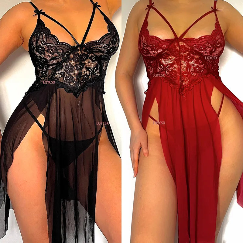 Hot Sexy Lingerie Women's Sleepwear For Sex Babydoll Transparent Lace Dress Sleepwear Sexual Clothes Female Night Underwear