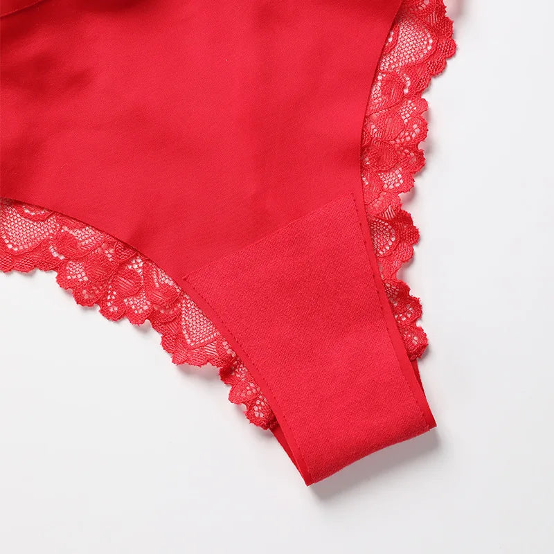 Sexy Lace Panties Low-waist Hollow Out Bowknot Thongs Ice Silk Breatha G-string Red Christmas Gift Female Lingerie tangas mujer