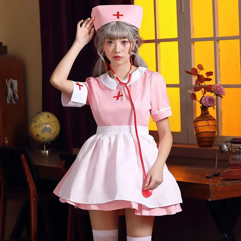 Pink Women Halloween Doctor Nurse Costumes Female Medical Workers Cosplay Carnival Purim Nightclub Bar Role Playing Party Dress