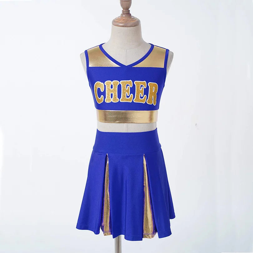 Kids Girls Cheerleading Uniform Summer Cheer Leader Dance Costume Set Sleeveless V-Neck Letter Print Crop Top with Skirt Clothes