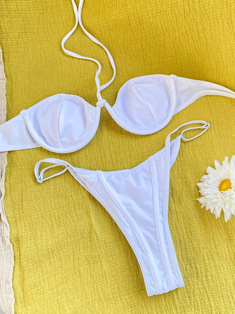 COOBBU Sexy Cup Bikinis Low Waist Swimsuit Women 2023 Bathing Suit Swimwear White Bikini Sets Solid Beachwear Two Piece Suits