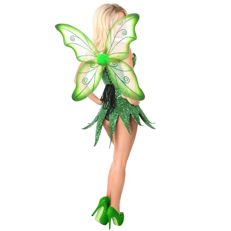 Women s 2 Piece Neon Fairy Tinkerbell Costume Fairy Mini Sparkly Dress with Butterfly Wings Halloween Cosplay Costumes