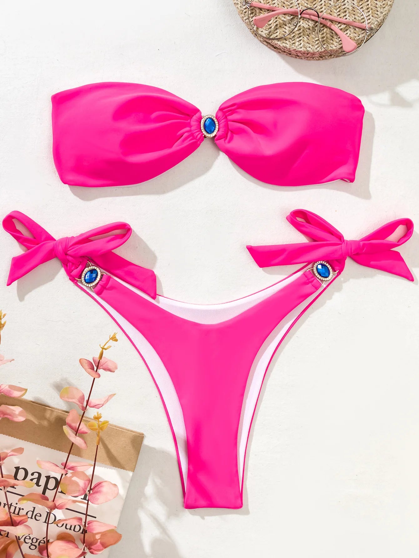 Solid Color Rhinestones Bra Bikini Women Swimwear Pleated Bandeau Female Swimsuit Two-piece Bikini set Beachwear