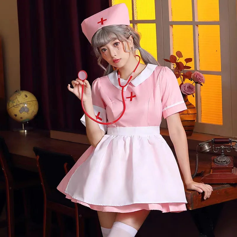 Pink Women Halloween Doctor Nurse Costumes Female Medical Workers Cosplay Carnival Purim Nightclub Bar Role Playing Party Dress