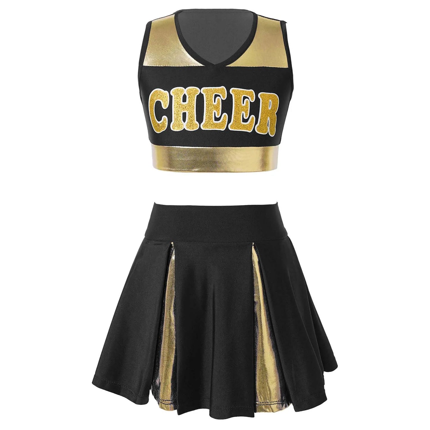 Kids Girls Cheerleading Uniform Summer Cheer Leader Dance Costume Set Sleeveless V-Neck Letter Print Crop Top with Skirt Clothes