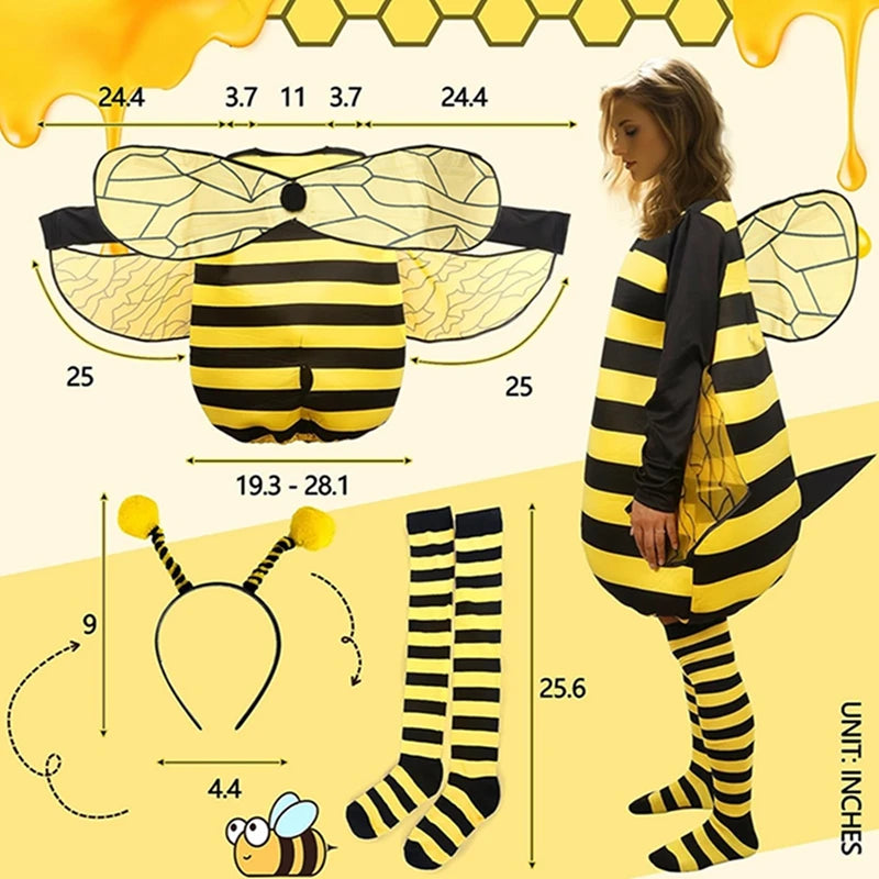 Striped Patchwork Bee Costume for Women Funny Animal Halloween Adult Costumes with Knee-high Socks and Hair Hoop Cosplay Outfit