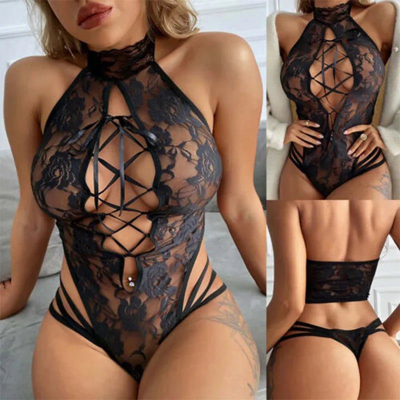 Sexy Lingierie Sexi Babydoll Lace Bra and Panty Set Perspective Sex Erotic Costumes Sexy Underwear Open Crotch Backless Dress 18