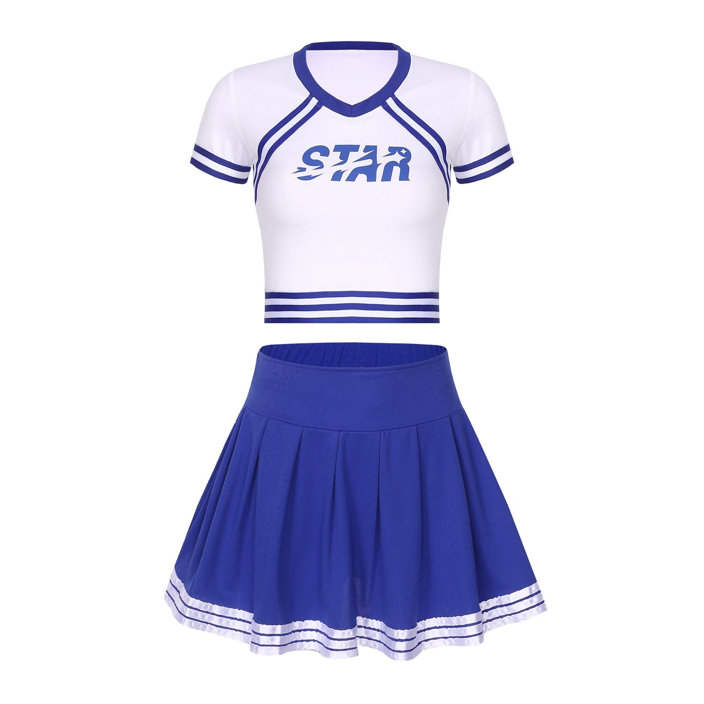 Womens Cheerleading Uniform Cheer Leaders Jazz Dance Performance Costume Crop Top with High Waist Built-in Shorts Pleated Skirt