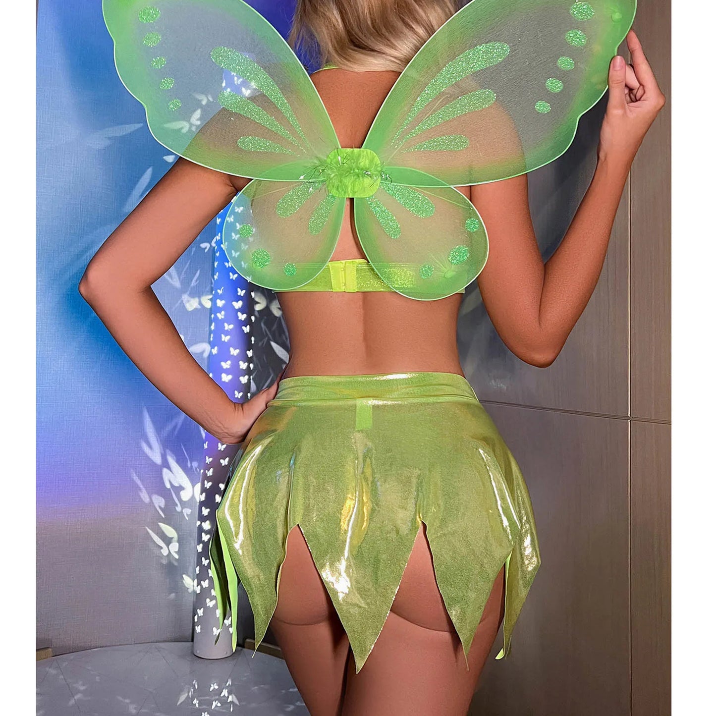 Women's Fairy Role Play Costume Shiny Fairy Dress Outfits Halloween Costume Sexy Lingerie Bra Tops Mini Skirt with Wings Set