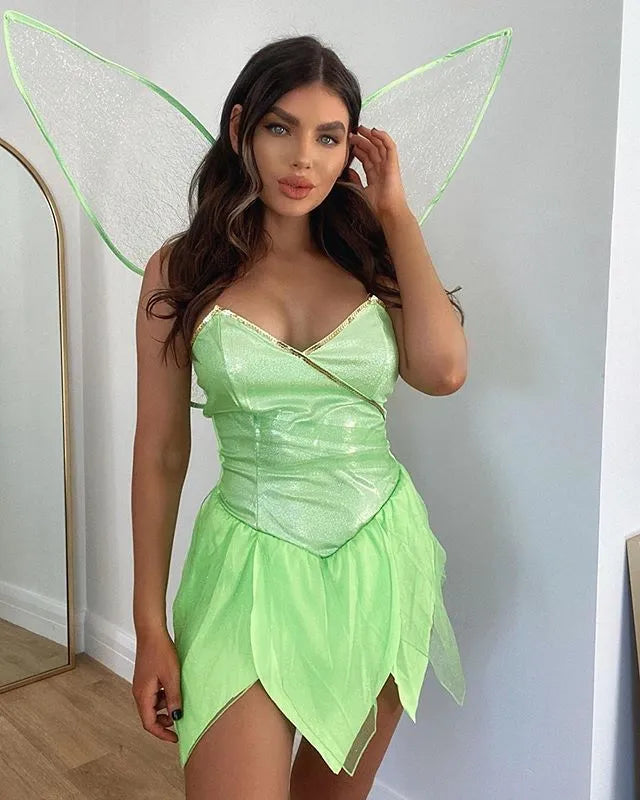 Ladies Halloween Forest Fairy Costume Sexy Solid Color V-neck Backless Sequin Tube Tops Irregular Ruffle Short Dress with Wings